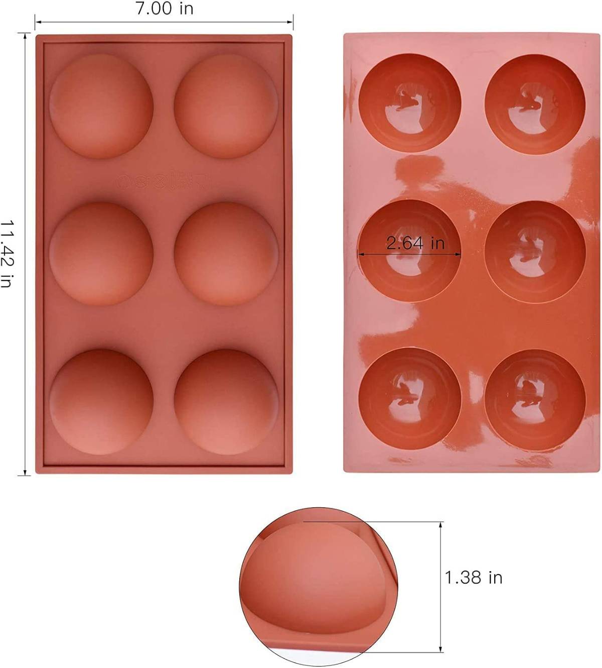 6 cavity half round shape silicone mould

size:- 7*11.42 inch
Cavity size:- 2.64 inch
Cavity size in cm :- 6.7 cm